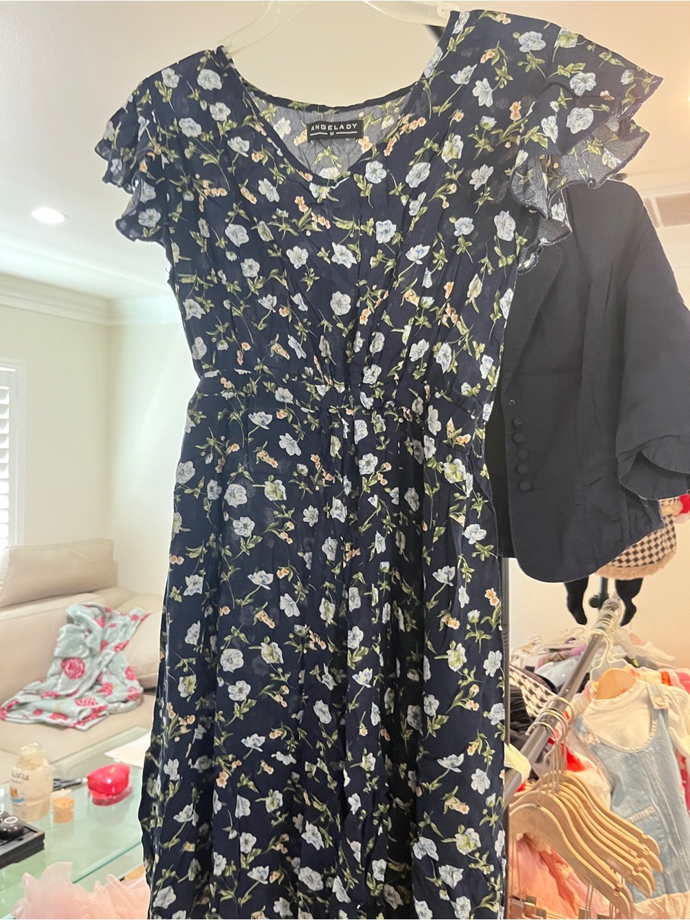 Navy Satin Ruffled Button-Front Blouse - Picture 5 of 5